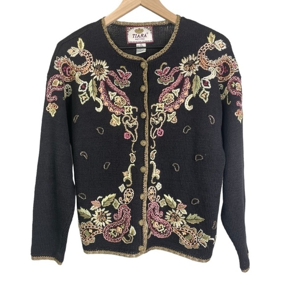 Vintage Tiara Petite Women’s Embroidered Floral Paisley Button Cardigan Sweater - Picture 1 of 4